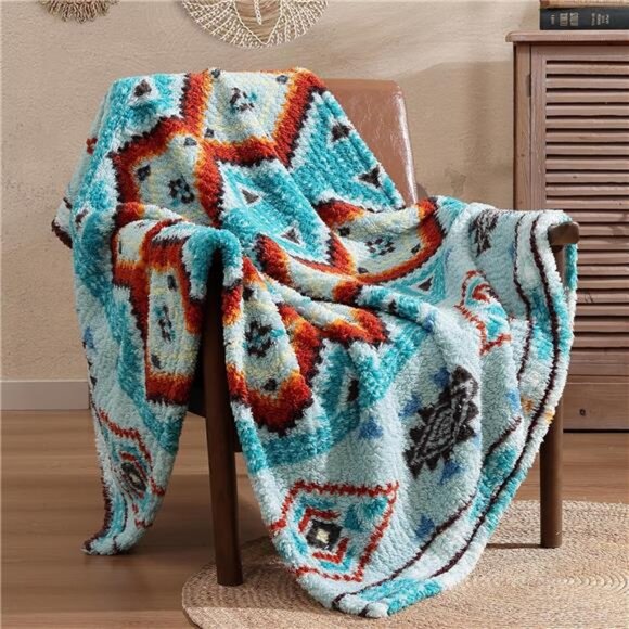 Boho Sherpa Throw Blanket Aztec Aqua Ultra Soft Warm Cozy Plush Thick Fleece NEW - Picture 2 of 5